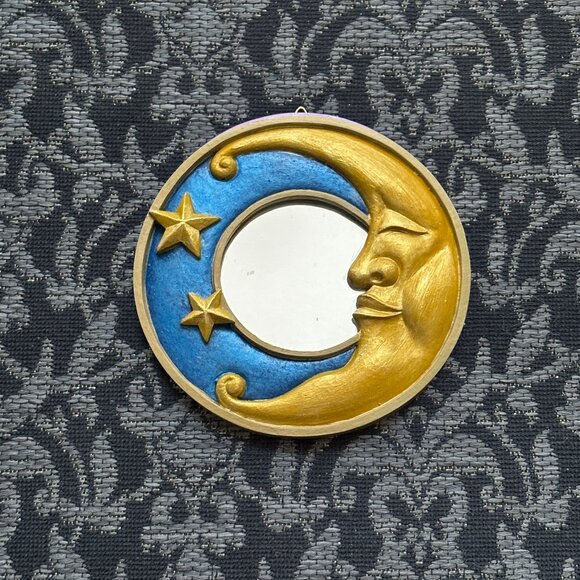 🌙 Hallowette - Handpainted Moon & Stars Mirror - Blue & Gold - Picture 1 of 4
